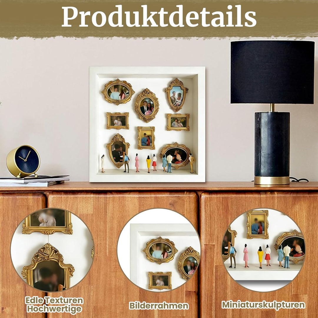 DIY Mini Museum Bilderrahmen, Weisser Vintage Mini Bilderrahmen Set mit 8 Goldene Rahmen & 8 Zufälli