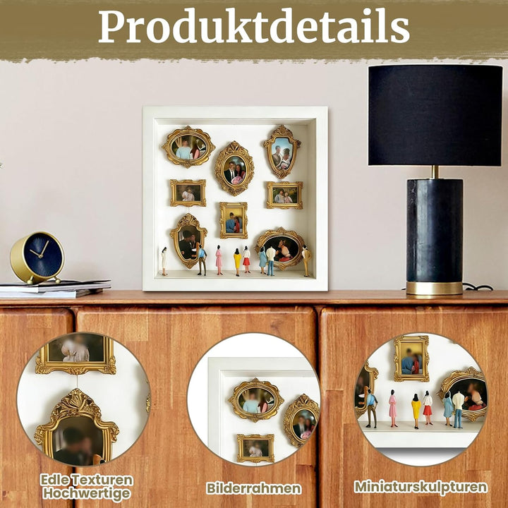 DIY Mini Museum Bilderrahmen, Weisser Vintage Mini Bilderrahmen Set mit 8 Goldene Rahmen & 8 Zufälli