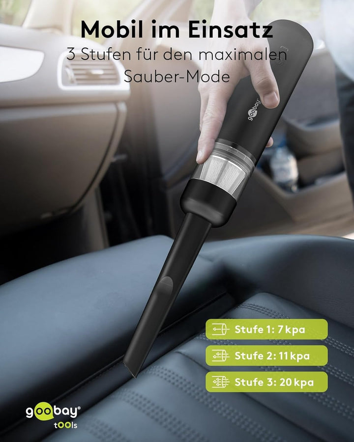 goobay Mini-Staubsauger Superior/Akku-Handstaubsauger für Auto, Haus, Wohnmobil, 120W, 7 Düsen, 3 Bü
