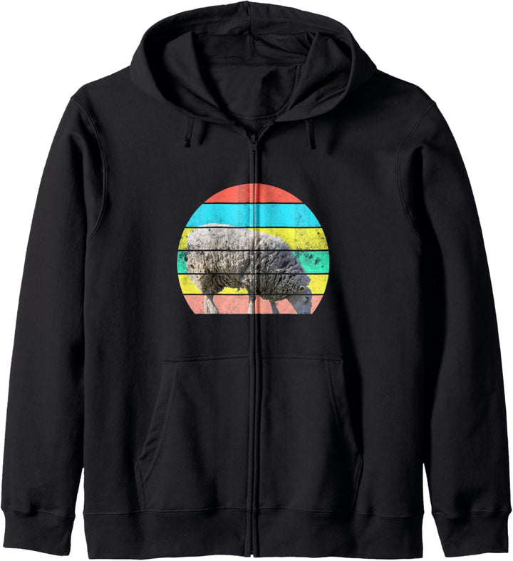 Grasendes Schaf vor buntem Hintergrund Retro Sonnenuntergang Kapuzenjacke