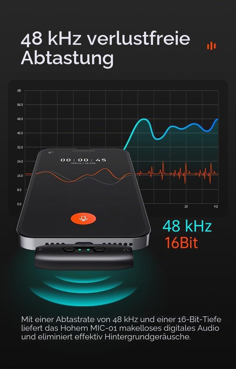 hohem MIC-01 Wireless Lavalier Mikrofon für iPhone iOS, mit Geräuschunterdrückung, MFi-Zertifiziert,