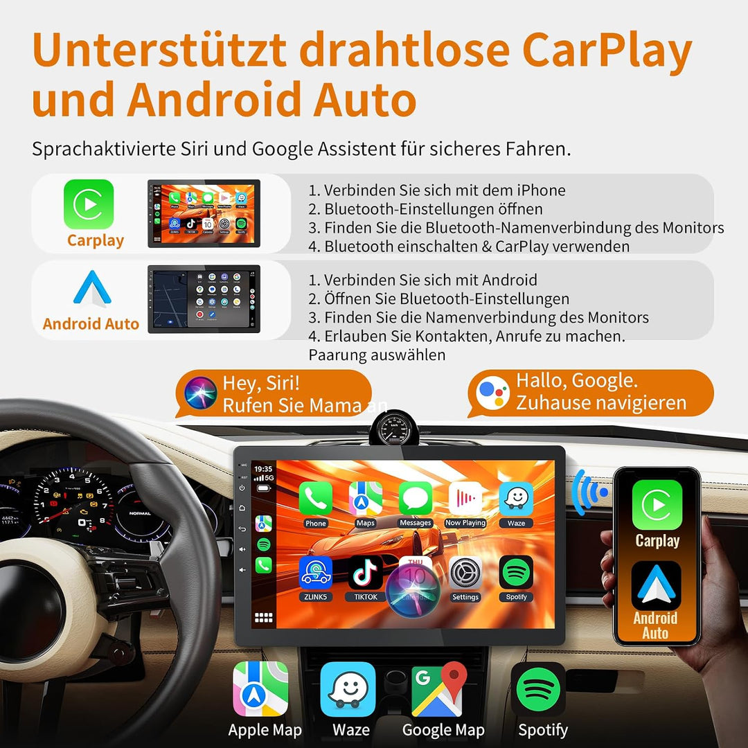 Haudio 1Din Autoradio, mit 10.1 Zoll drehbar Bildschirm,Kompatibel mit Wireless Apple CarPlay und An
