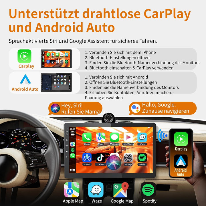 Haudio 1Din Autoradio, mit 10.1 Zoll drehbar Bildschirm,Kompatibel mit Wireless Apple CarPlay und An