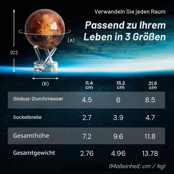 MOVA Globe Mars Serie Weltraum, 15,2 cm (6 Zoll), mit Standfuss, rotierender Globus, solarbetrieben,