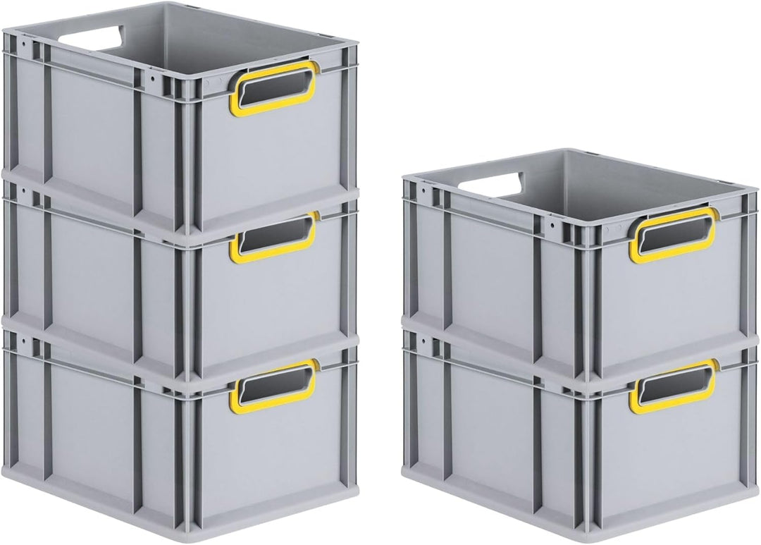 SparSet 5x Eurobox NextGen Color | HxBxT 22x30x40cm | 20 Liter | Griffe gelb offen | Glatter Boden |