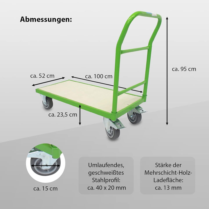 TRUTZHOLM Plattformwagen mit Feststellbremsen | 500 kg | 100 x 52 x 95 cm | Transportwagen Griff abn