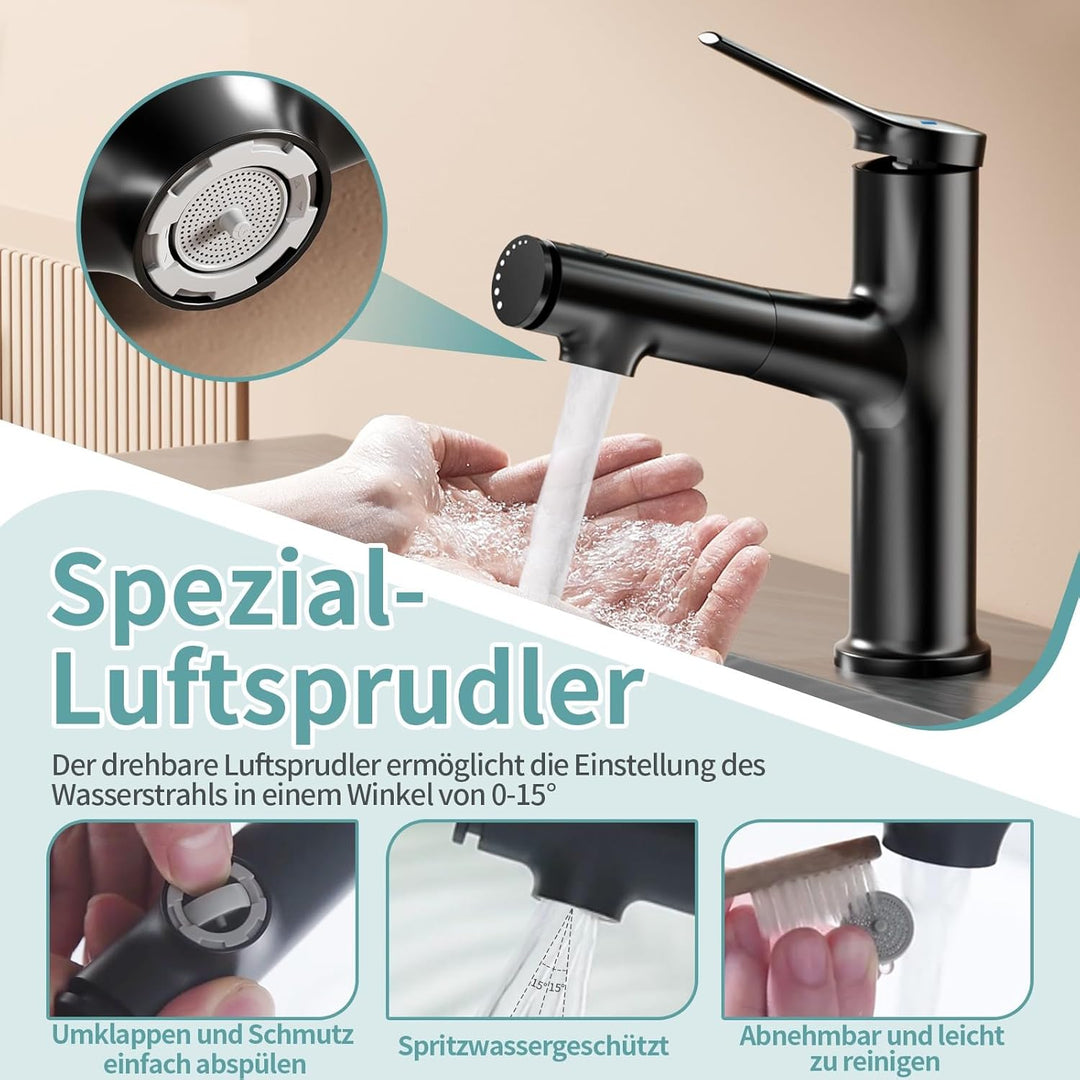 Wasserhahn Bad mit herausziehbarer Brause, Moderne Einloch-Badarmatur Waschbecken ausziehbar, Einheb