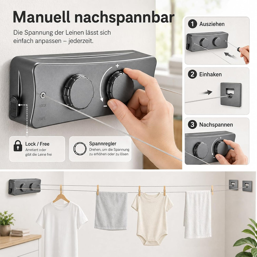 QHENS Wäscheleine Balkon Ausziehbar Wandmontage, 2 x 5m Einziehbare Wand Wäscheleine, Unsichtbare Wä