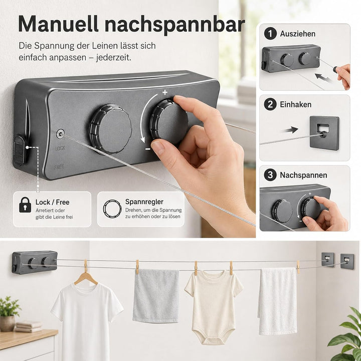 QHENS Wäscheleine Balkon Ausziehbar Wandmontage, 2 x 5m Einziehbare Wand Wäscheleine, Unsichtbare Wä