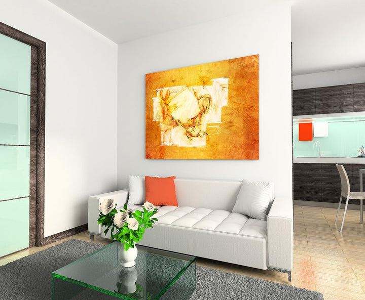 Abstraktes Bild auf Leinwand weiss orange-braun rot Abstrakt110_cm_dekoratives LeinLeinwandbild Lein