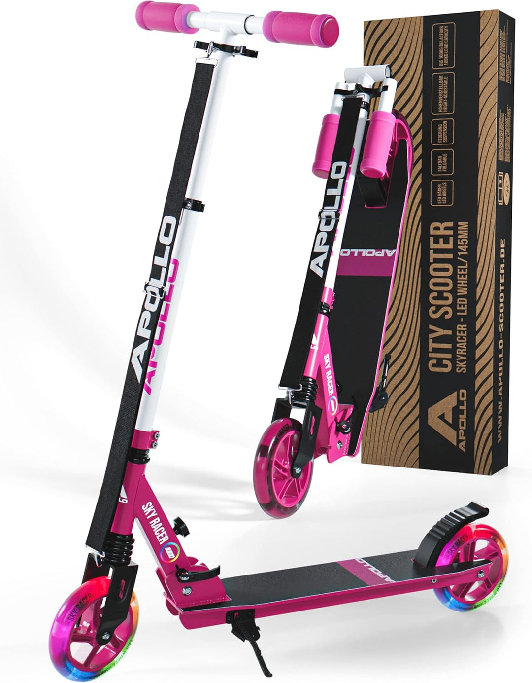 Apollo Skyracer City Roller mit LED Leuchträdern | Roller Kinder 6 Jahre | City Scooter mit Federung