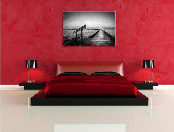 Pixxprint Langer Steg an der Nordsee / 100x70cm Leinwandbild bespannt auf Holzrahmen/Wandbild Kunstd