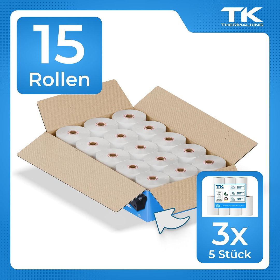 15 Stk. Premium Thermorollen 80mm x 80mm x 12mm – Thermopapier Bonrollen (80 80 12) - zertifiziert f