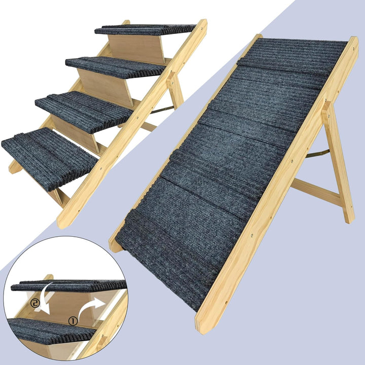 FIVMEN Hundetreppe 2 in 1 Hunderampe Holz Faltbar Höhenverstellbar Haustiertreppe mit Rutschfester T