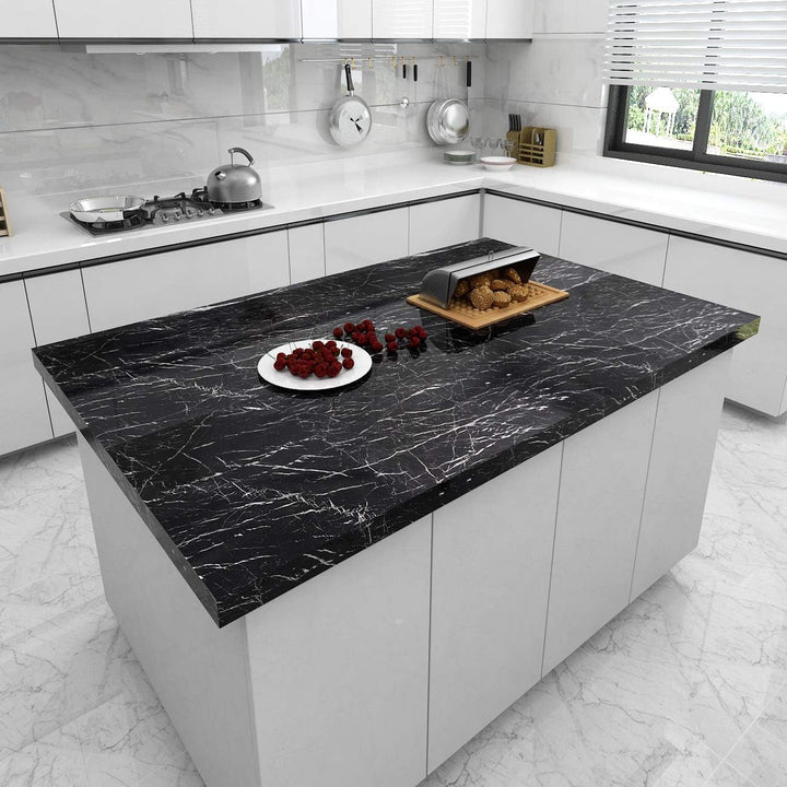 Livelynine 5M X 60 CM Breit Klebefolie Schwarz Marmor Folie für Möbel Tisch Tischplatte Küchenwand K
