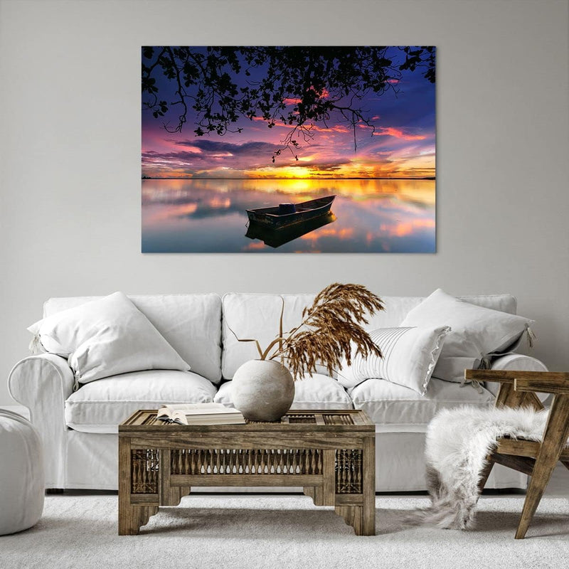 Bilder auf Leinwand 100x70cm Leinwandbild Boot Sonnenuntergang See Himmel Gross Wanddeko Bild Schlaf