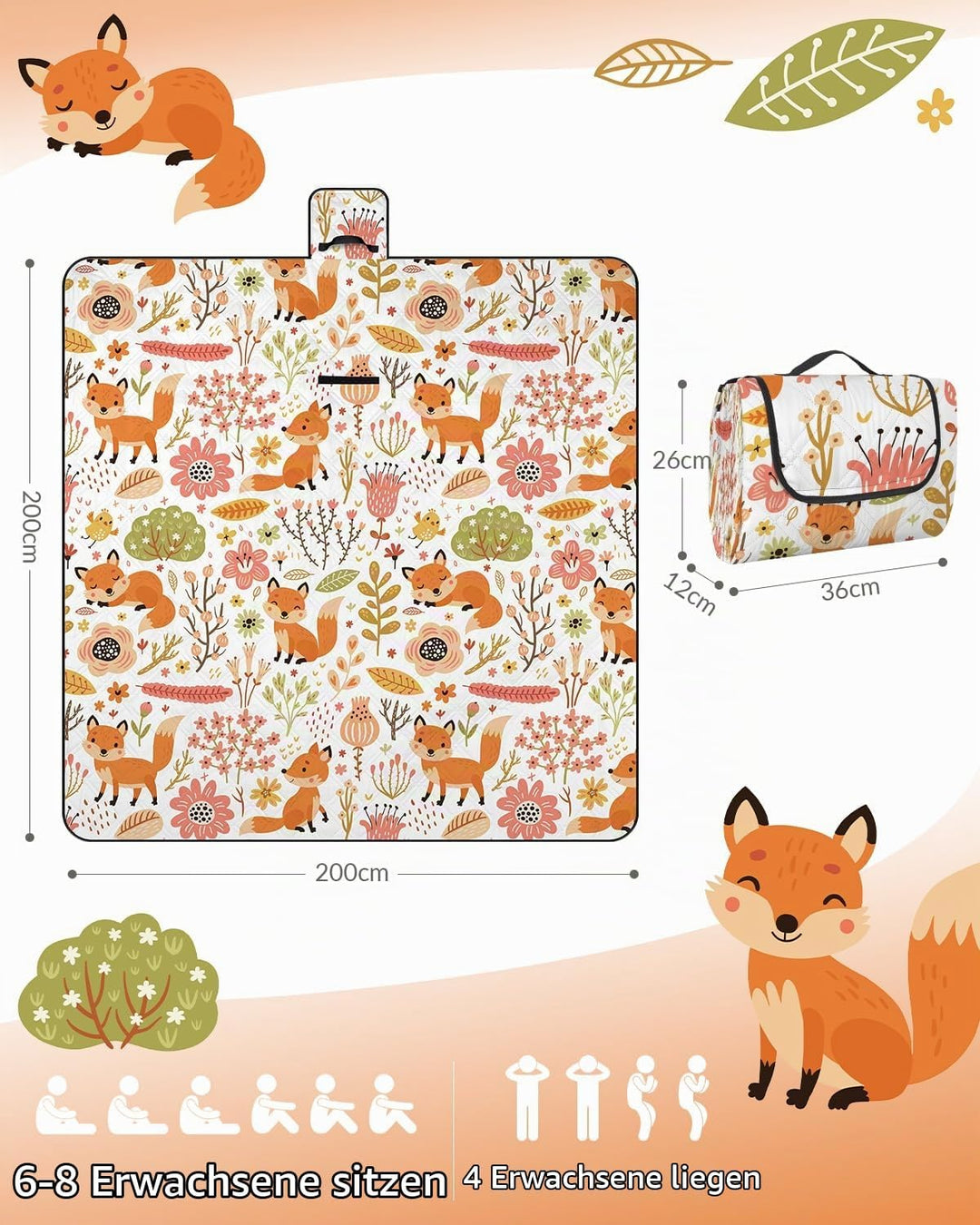 Kinder Picknickdecke Wasserdicht Faltbar, 200x200cm Tragbare Strandmatte Tier Maschine Waschbar, Gro