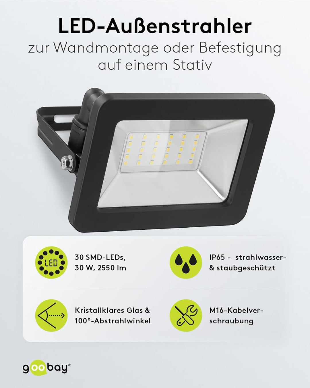 goobay 53872 LED Strahler Aussen 30W / Aussenstrahler IP65 / Neutralweisses Licht 2550 lm/LED Schein