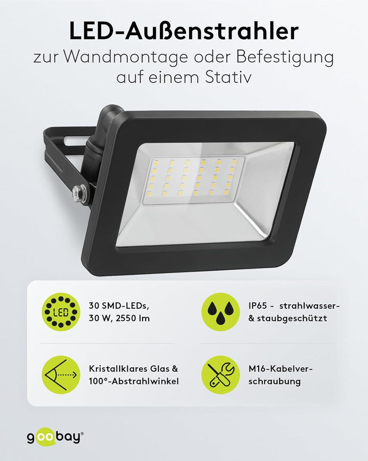 goobay 53872 LED Strahler Aussen 30W / Aussenstrahler IP65 / Neutralweisses Licht 2550 lm/LED Schein