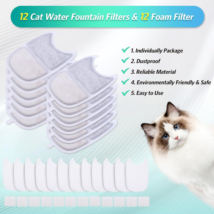 12 Stück Katzenbrunnen Filter, 12 Filter für Katzenbrunnen und 24 Schaumstofffilter mit Aktivkohle N
