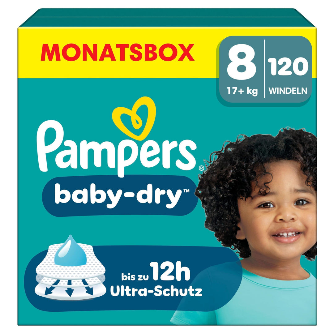 Pampers Windeln Grösse 8 (17kg+) Baby-Dry, Extra Large, MONATSBOX, bis zu 12 Stunden Rundum-Auslaufs