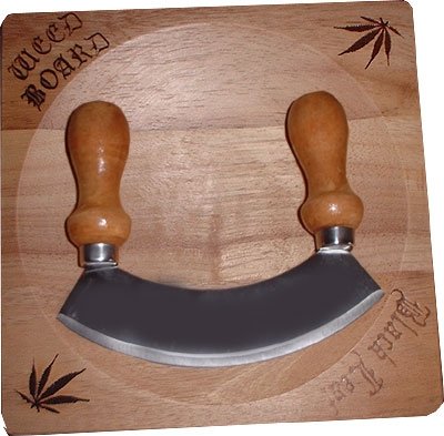 Black Leaf Wiegemesser Set mit Holzbrett Kräuter Messer Weedboard mit Blatt Motiv für Getrocknete un
