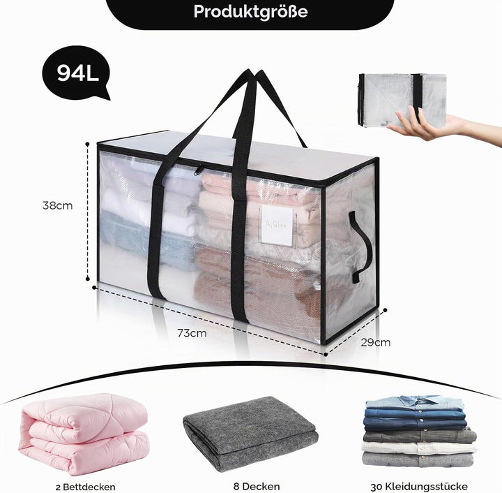 Cozary Aufbewahrungstasche mit Deckel 4 Stück 94L Grosse, Transparente Umzugskartons Gross mit Reiss