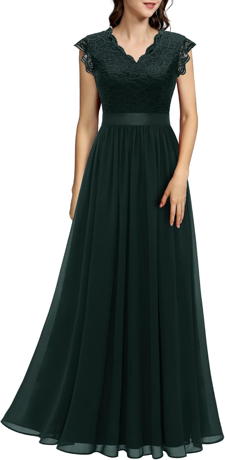 Dressystar Damen Ballkleid Maxi Lang Abendkleider Elegant für Hochzeit Spitzen Cocktailkeid M Band_g
