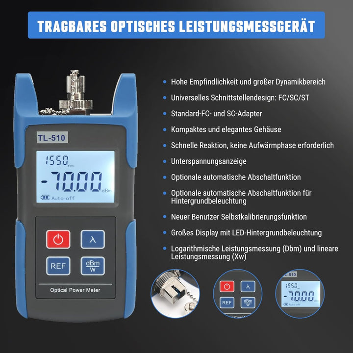 Glasfaser-Leistungsmesser, Optischer Leistungsmesser Glasfaserkabel-Tester, -70-+10dbm Optisches Eis
