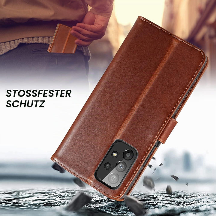 LENSUN Echtleder Hülle für Samsung Galaxy A53, Handyhülle [Echtes Leder] [Magnetverschluss] [RFID Sc