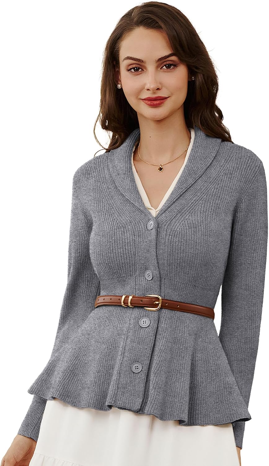 Belle Poque Damen Strickjacke Langarm Reverskragen Cardigan mit Rüschensaum Casual Strickmantel XL G