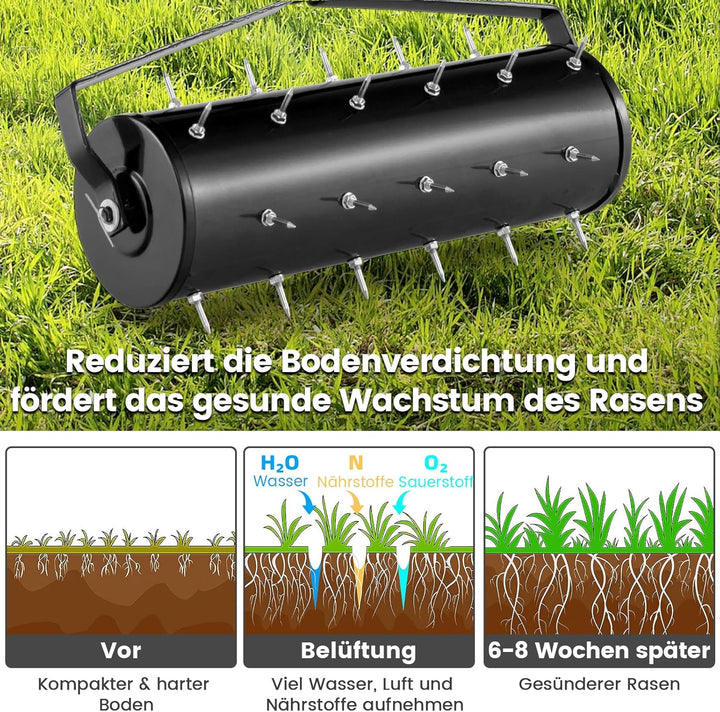 GOPLUS Rasenbelüfter, Handvertikutierer mit Stiel & 3,4cm Nägeln, rollender Aerifizierer, manueller