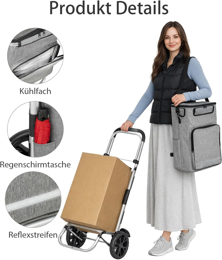 Einkaufstrolley Klappbar 3-in-1 mit 43L Kapazität Faltbarer Einkaufsroller Sackkarre Treppensteiger
