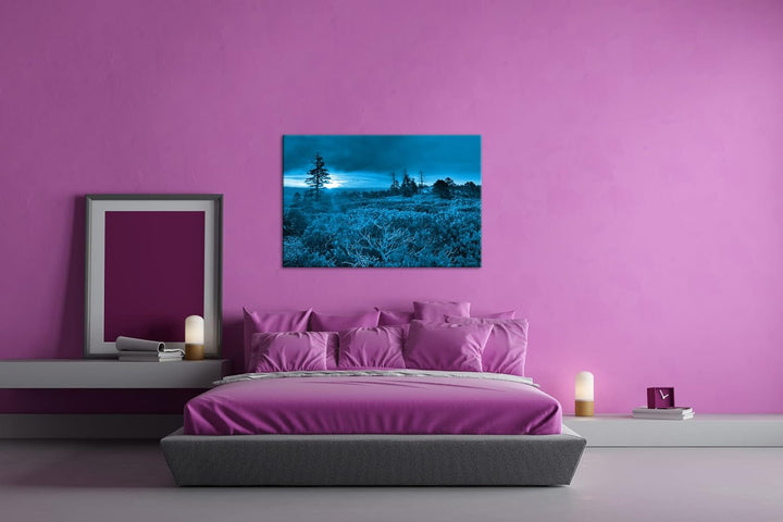 deyoli bezauberte Landschaft bei Sonnenaufgang Format: 100x70 Effekt: Monocrome Blau als Leinwand, M
