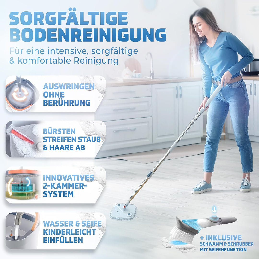 Weidenbach Wischmopp Set mit Eimer | 2-Kammer-System für saubere Schmutz- und Frischwassertrennung |