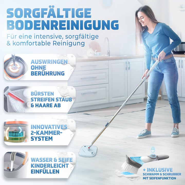 Weidenbach Wischmopp Set mit Eimer | 2-Kammer-System für saubere Schmutz- und Frischwassertrennung |