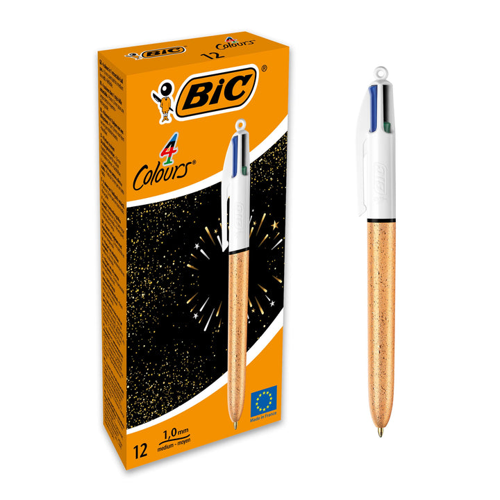 BIC 4 Farben Kugelschreiber, mittlere Spitze (1,0 mm) – Korpus strukturiert, goldfarben, elfenbeinfa