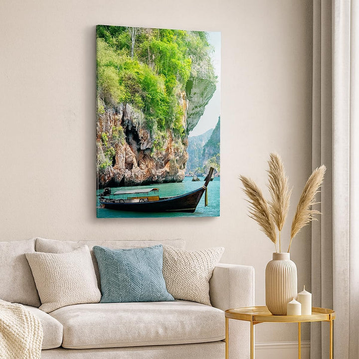 Bilder auf Leinwand 55x100cm Leinwandbild mit Rahmen Boot Klippen Natur Felsen Gross Wanddeko Bild S