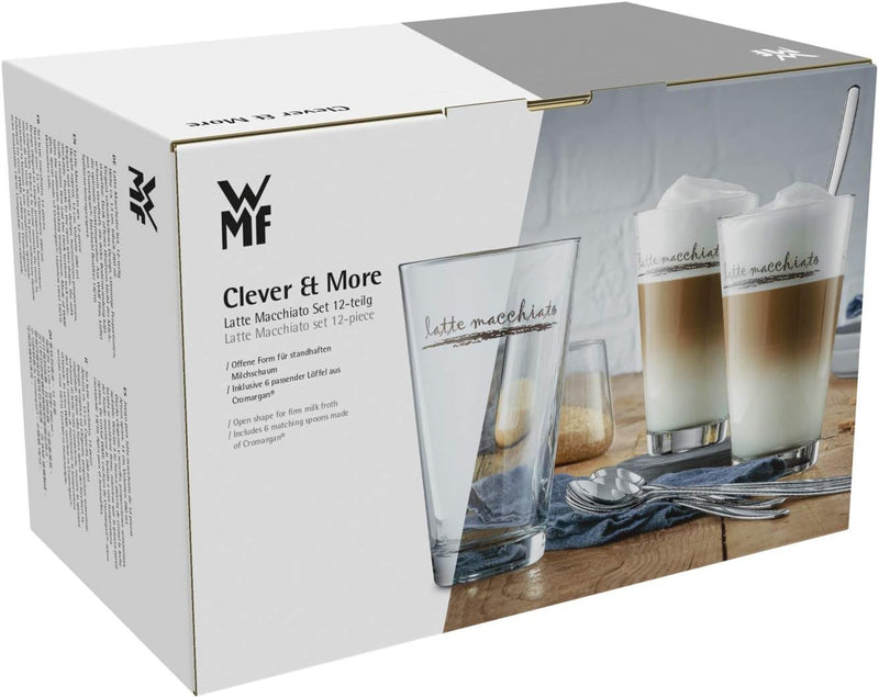 WMF Clever&More Latte Macchiato Gläser Set 12-teilig mit Löffel, Aufrdruck, 280 ml,spülmaschinengeei