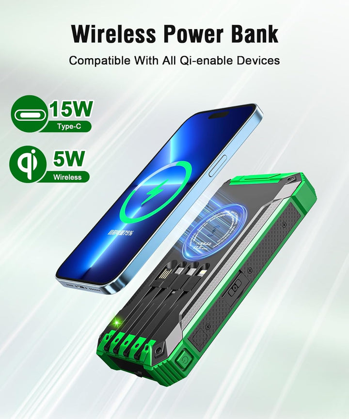 Solar Powerbank 26800mAh mit integrierten 4 Kabeln, Wireless Power Bank USB-C Ausgang/Eingang 15W Sc