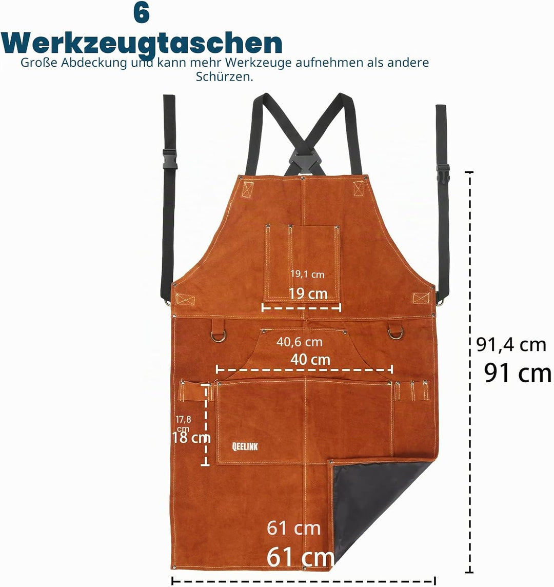 QeeLink Schweisserschürze Leder mit 6 Taschen, Lederschürze – Flammhemmende &amp; Hitzebeständige Arbeit