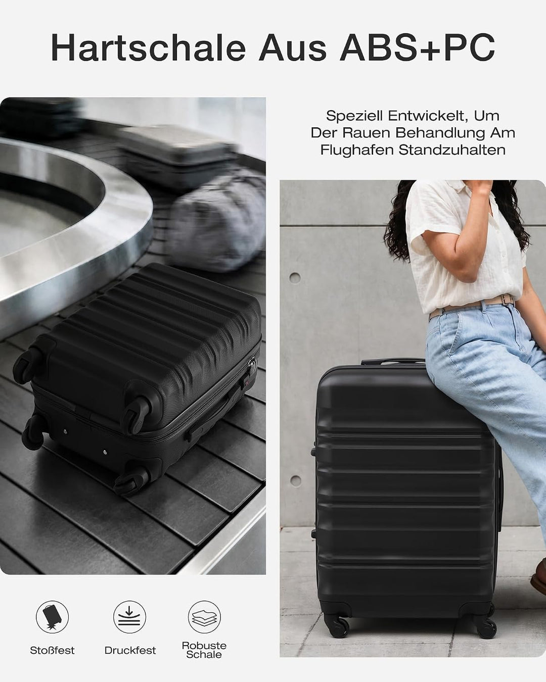 COOLIFE Hartschalen-Koffer Trolley Rollkoffer Reisekoffer mit TSA-Schloss und 4 Rollen (Schwarz, Han