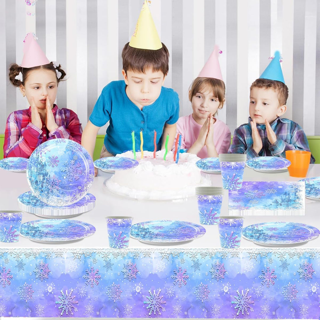 61 Stück Frozen Party Geschirr, Blau und Lila Schneeflocke Geschirr Set, 20 Servietten 20 Pappbecher