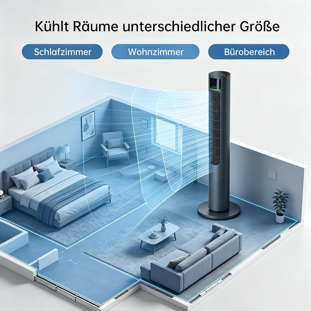 PHILODECO Turmventilator 115 cm Grau, leiser Standventilator mit Fernbedienung leise, 10 m Reichweit