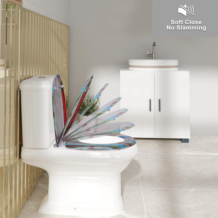 WOLTU Toilettendeckel mit Absenkautomatik Motiv, WC Sitz mit Schnellverschluss, Toilettensitz O Form