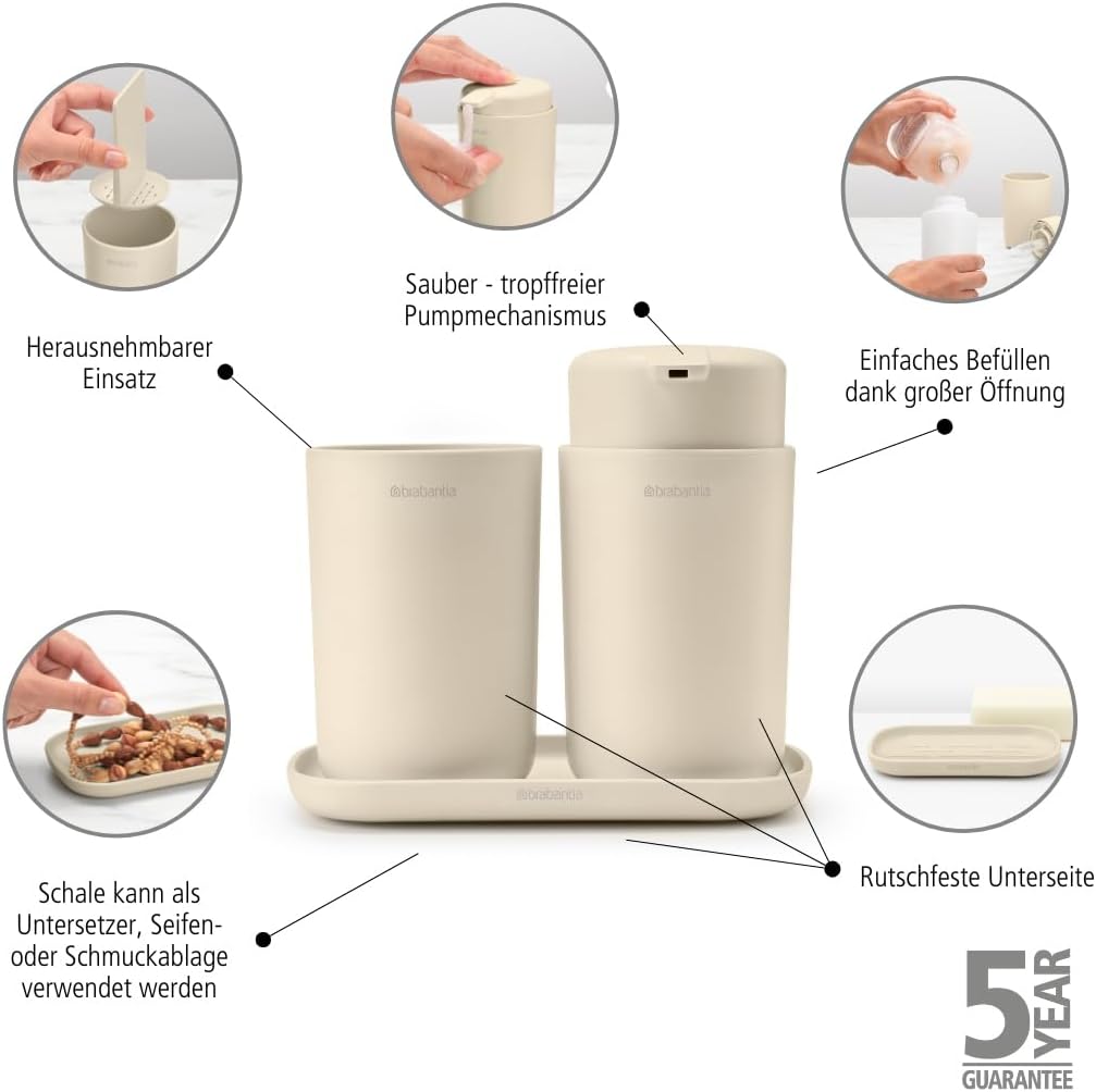 Brabantia - Renew Bad-Accessoires-Set - Seifenspender, Zahnbürstenhalter & Ablage - Tropffreier Pump