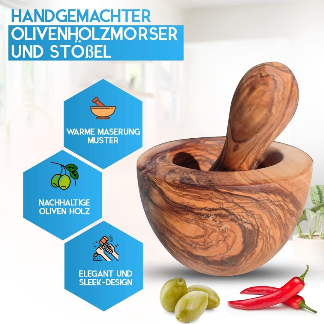 Mörser mit Stössel aus Olivenholz, Kräutermörser, handgefertigt mit Naturrand, Küchenmörser Holzmörs