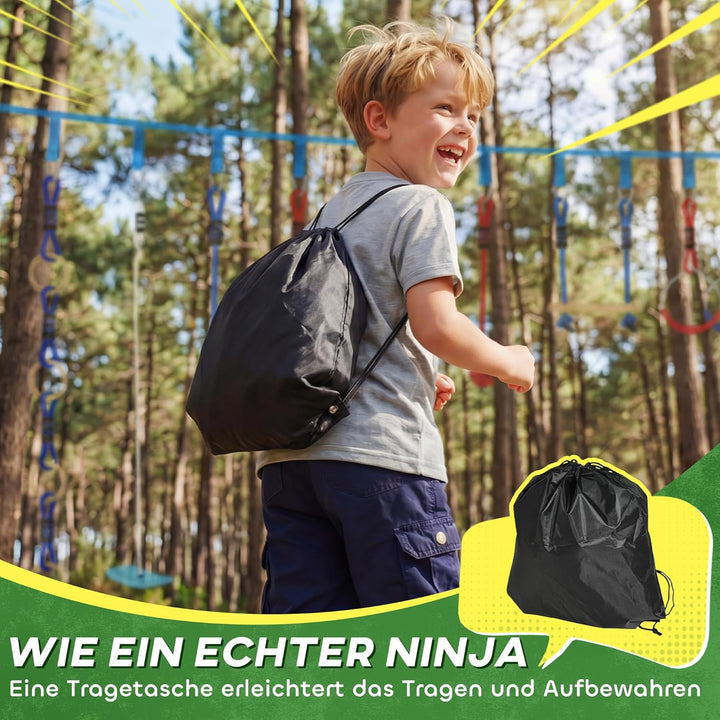 AIYAPLAY Ninja Line Kinder 10m 9-teilig Slackline Set mit 2 Turnringe, 3-in-1 Schaukel, 2 Klettersta