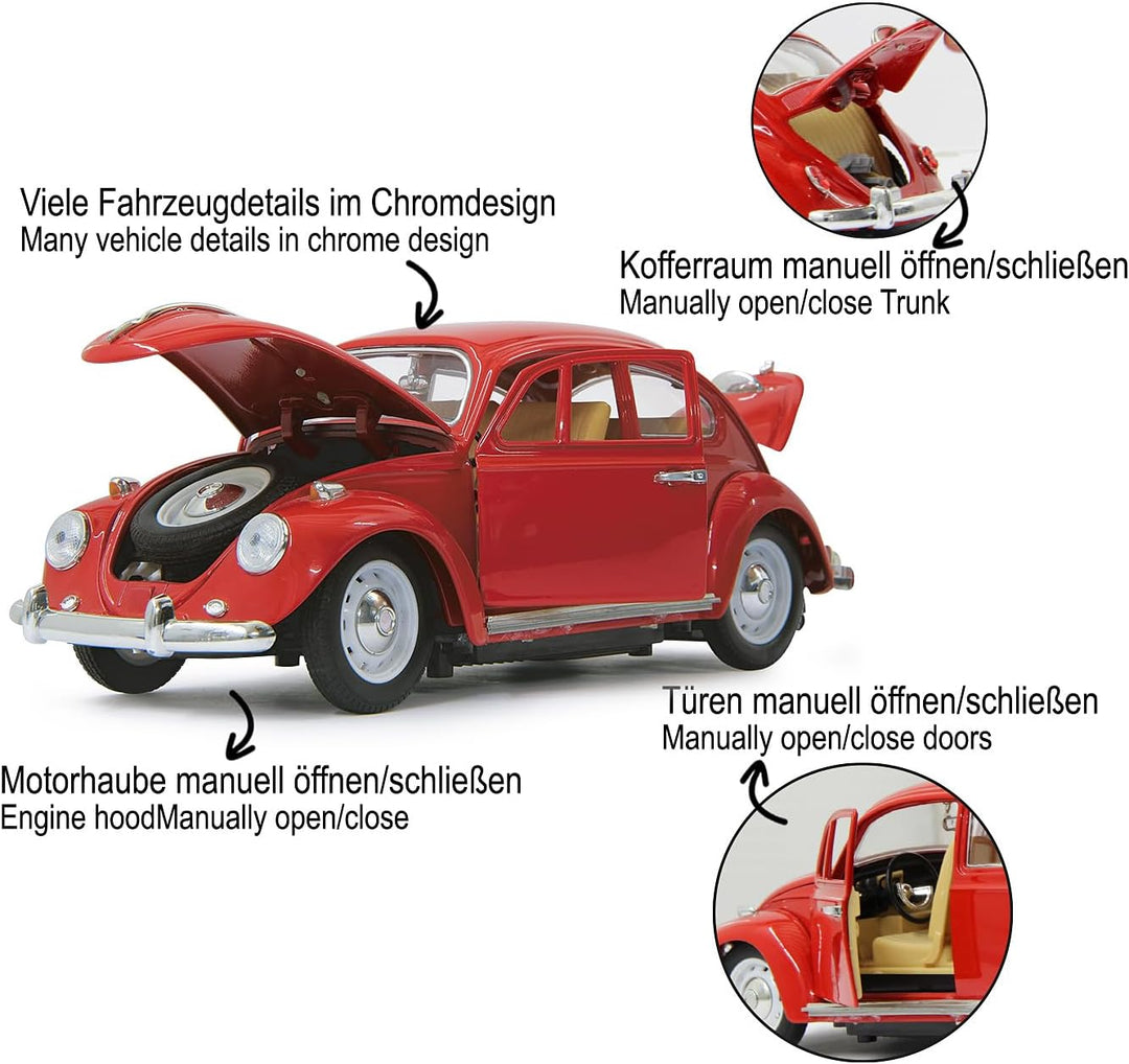 JAMARA 405110 - VW Käfer 1:18 RC Diecast 27MHz - Kultfahrzeug mit Gummi-Bereifung, öffnen von Türen,