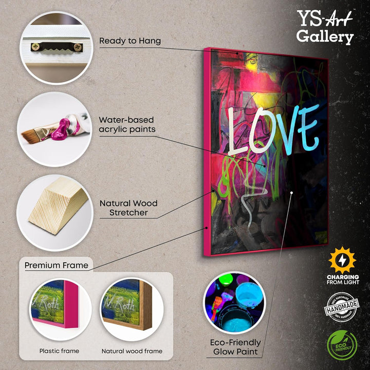 YS-Art XXL Abstrakt Fluoreszierendes selbst leuchtendes Acryl 3D Gemälde auf Leinwand Love handgemal